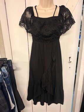 No Boundaries Black Crochet Yoke Midi Dress